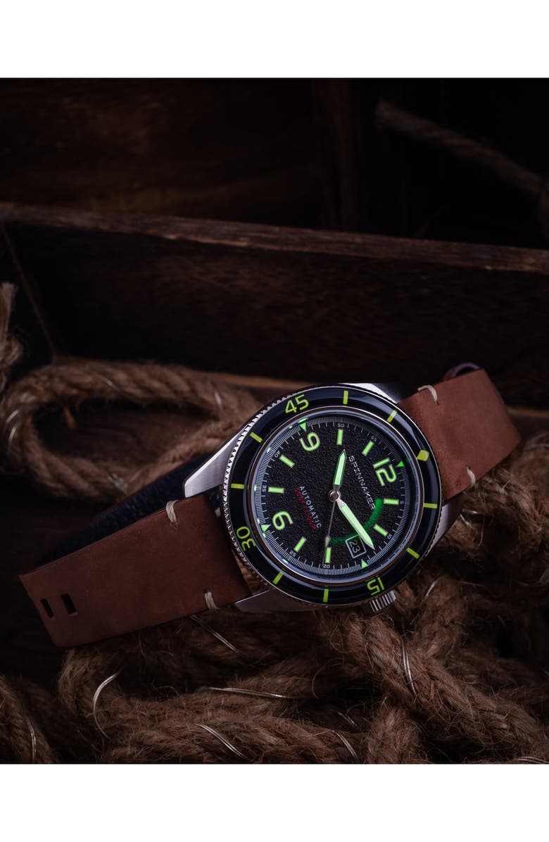 SPINNAKER Fleuss Automatic Leather Strap Watch, 43mm, Alternate, color, Black