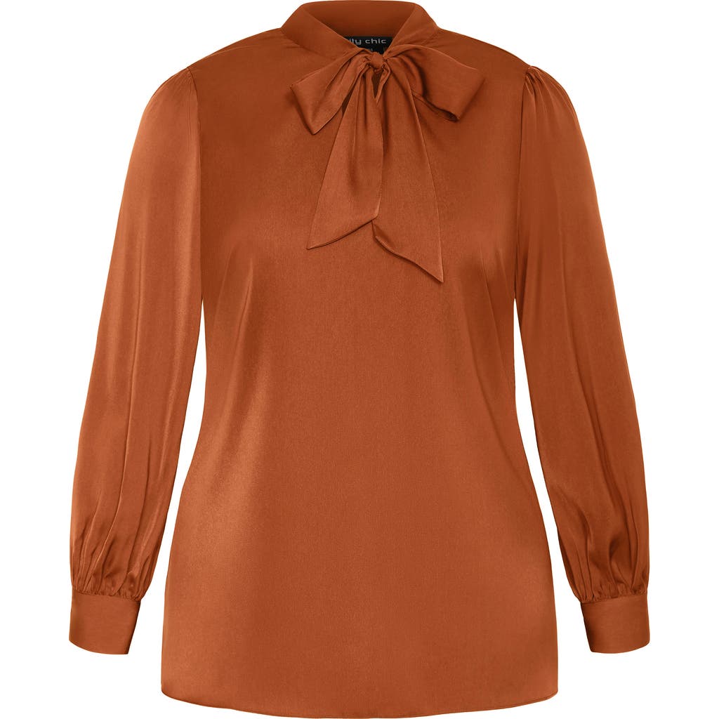 City Chic Chana Charmeuse Bow Blouse In Brown