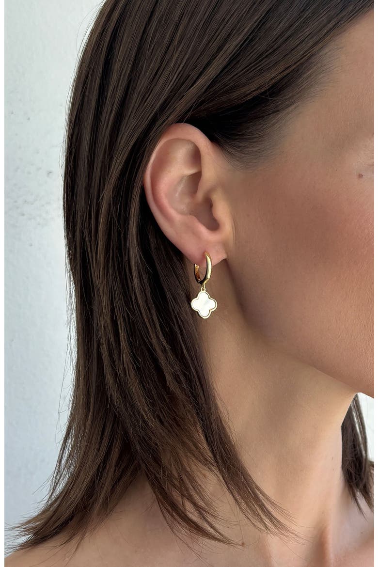 14K Gold Plated Freshwater Pearl & Mother-of-Pearl Stud & Clover Drop Earrings, Alternate, color, GOLD/ WHITE