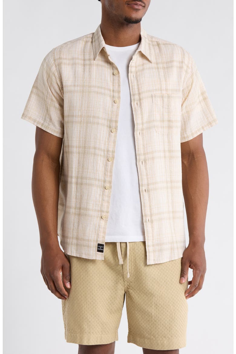 San Gabriel Short Sleeve Cotton & Linen Button-Up Shirt, Main, color, NATURAL MULTI PLAID