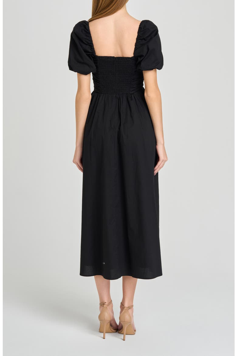 Lucy Ruched Puff Sleeve Midi Dress, Alternate, color, BLACK