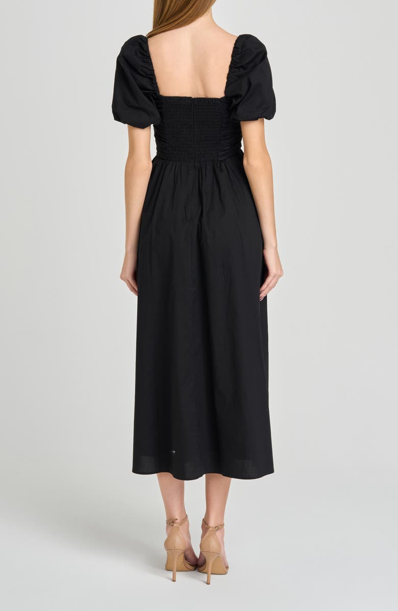 WAYF Lucy Ruched Puff Sleeve Midi Dress, Alternate, color, Black