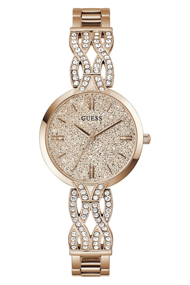 Coral Glitter & Crystal Rose Gold Bracelet Watch, 32mm, Main, color, ROSE GOLD