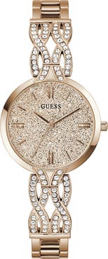 GUESS Coral Glitter & Crystal Rose Gold Bracelet Watch, 32mm