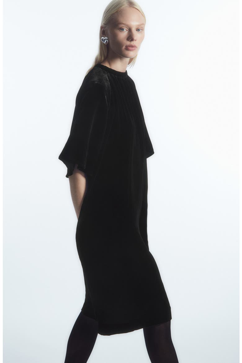 Pleated Velvet Dress, Alternate, color, BLACK DARK