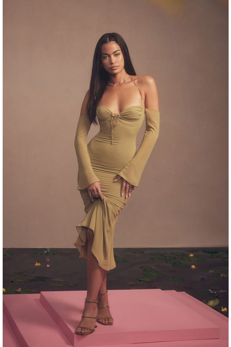 Naomi Cold Shoulder Long Sleeve Halter Midi Dress, Alternate, color, OLIVE