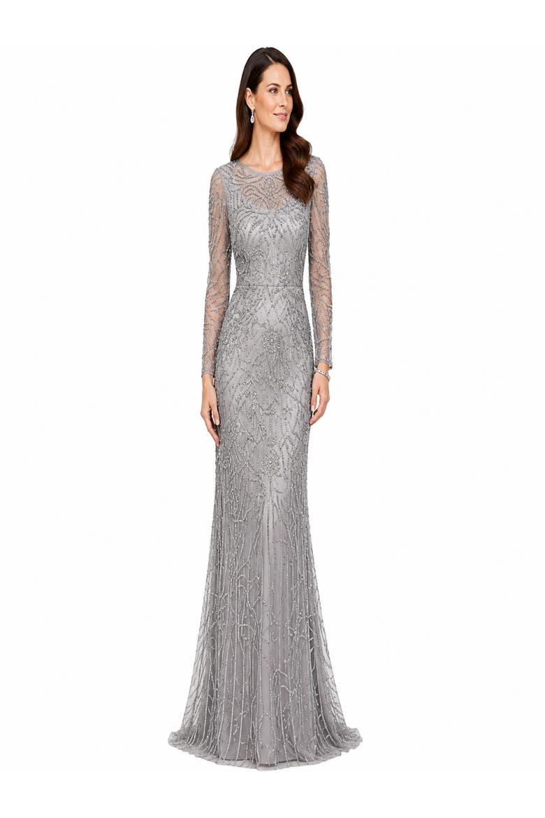 High Neck, Long Sleeve Beaded Gown, Main, color, Medium Grey