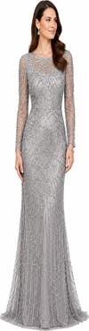 LARA New York High Neck, Long Sleeve Beaded Gown