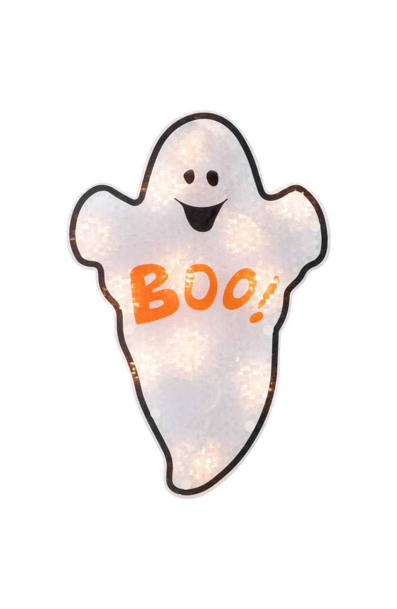 Northlight Lighted Holographic Boo Ghost Halloween Window Decoration - 12", Main, color, Orange