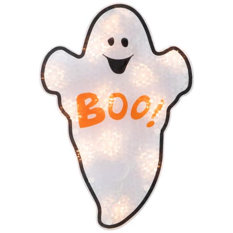 Lighted Holographic Boo Ghost Halloween Window Decoration - 12"