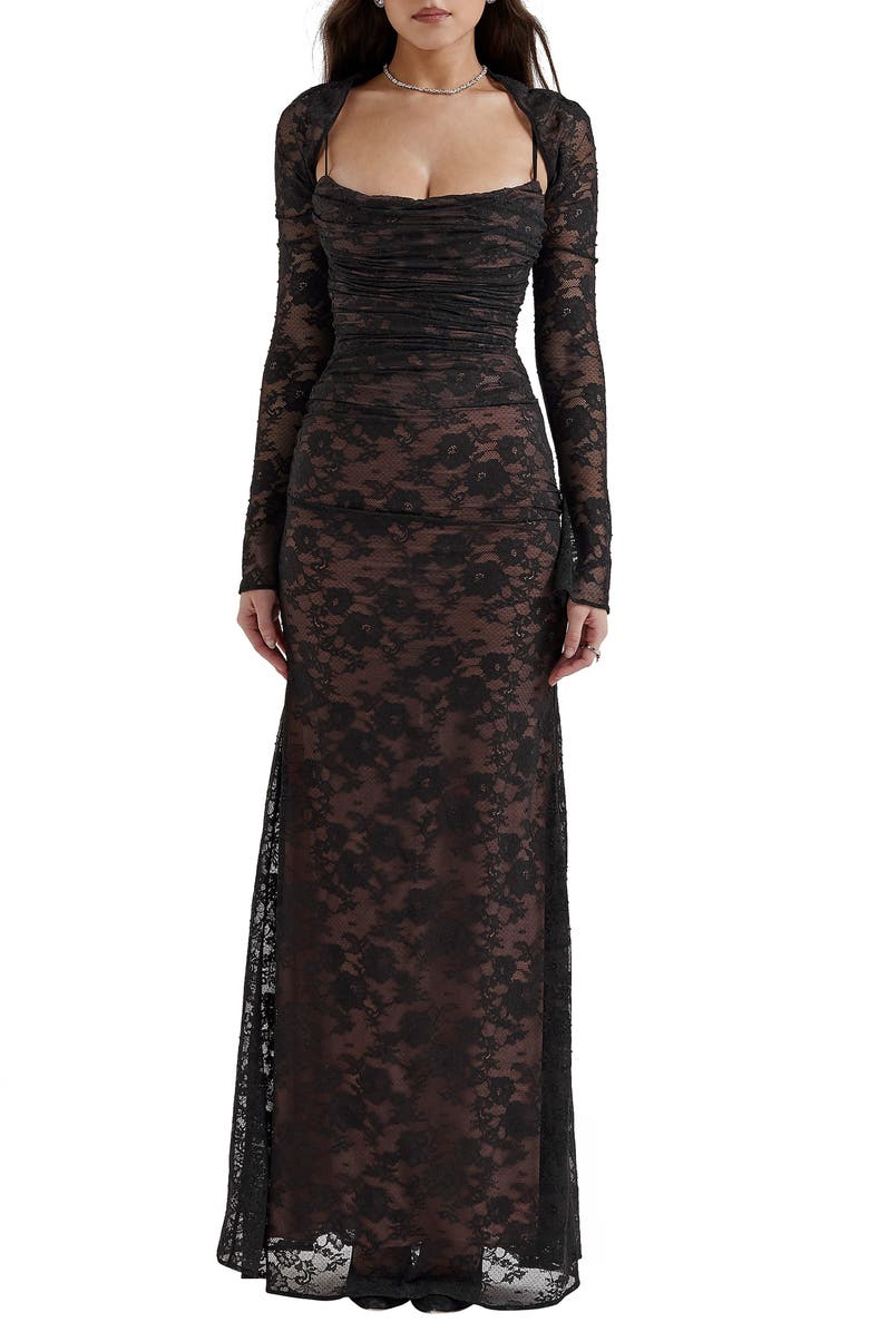 HOUSE OF CB Artemis Long Sleeve Lace Maxi Dress, Main, color, Black