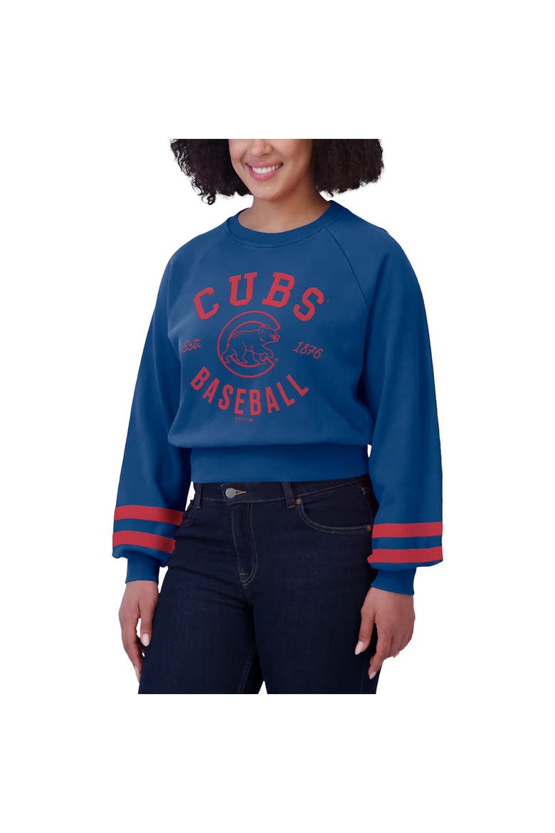 Women's WEAR by Erin Andrews  Royal Chicago Cubs Vintage Washed Cropped Pullover Sweatshirt, Alternate, color, Royal