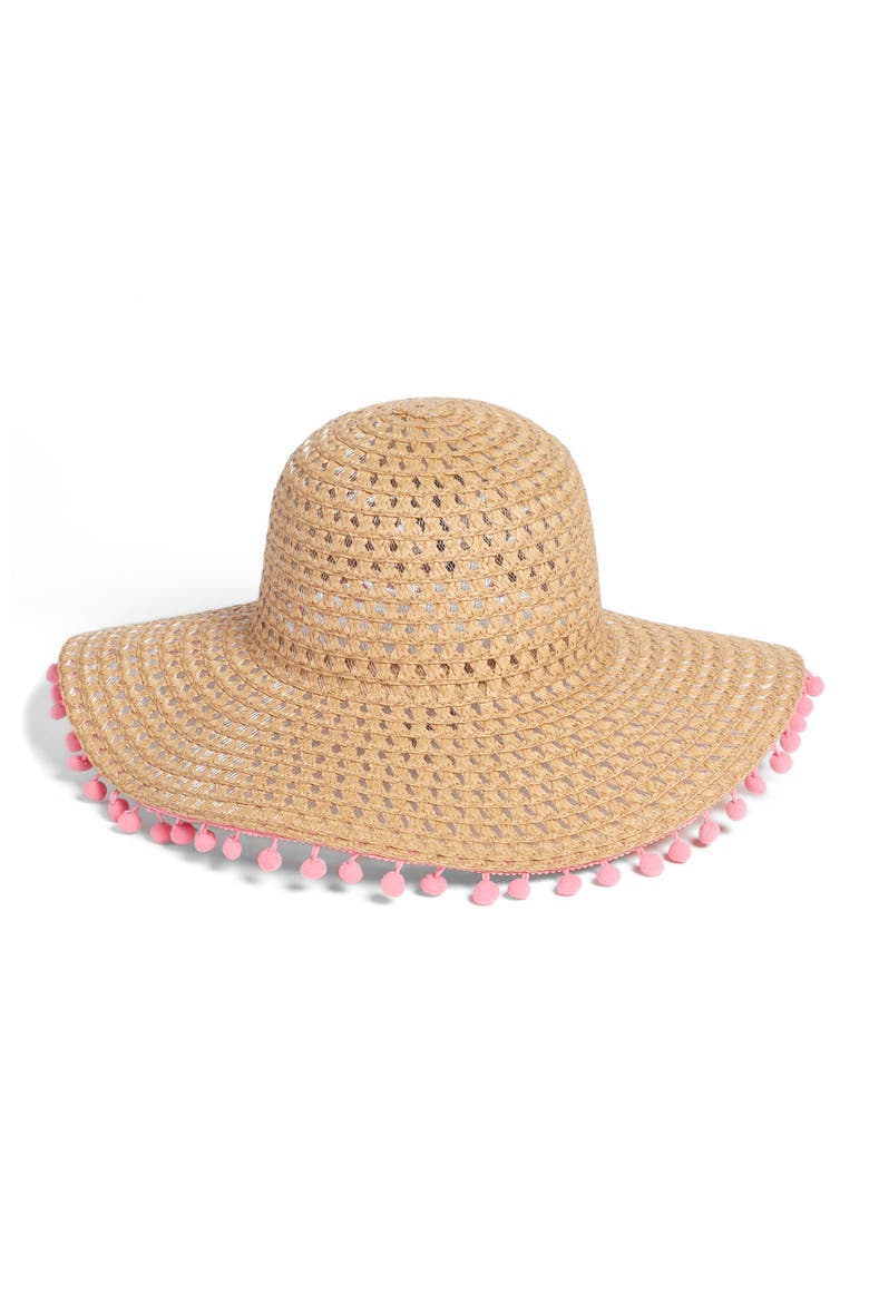 Pompom Trim Floppy Straw Hat, Main, color, NATURAL/ PINK
