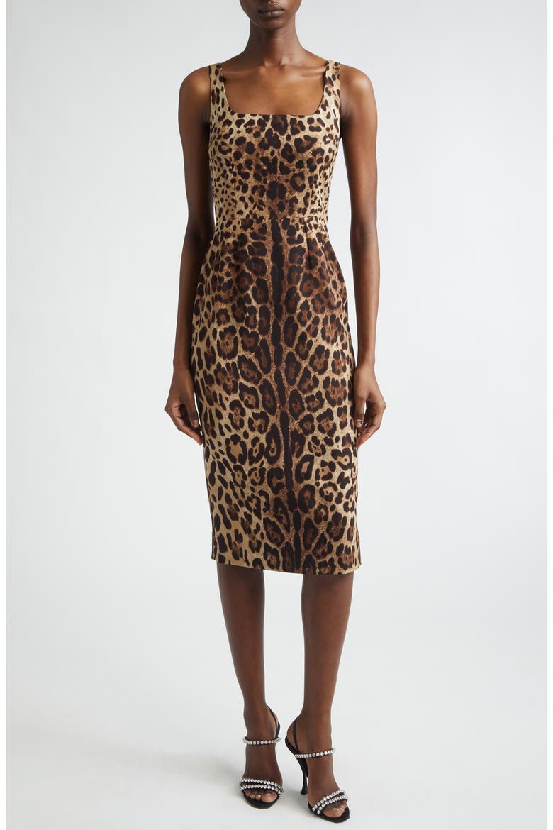 Leopard Print Stretch Silk Charmeuse Sheath Dress, Main, color, LEO NEW