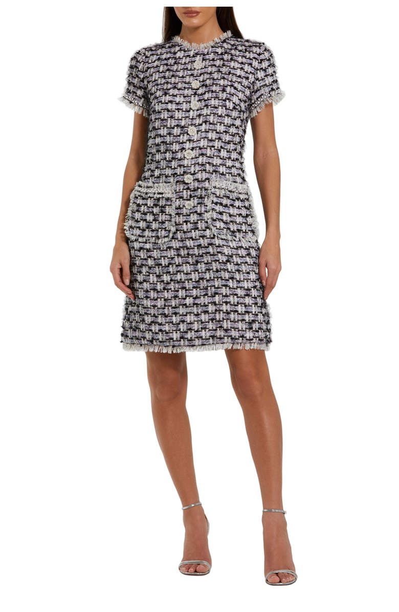 Mac Duggal Multicolor Cap Sleeve Floral Button Detail Shift Dress, Main, color, Black Multi