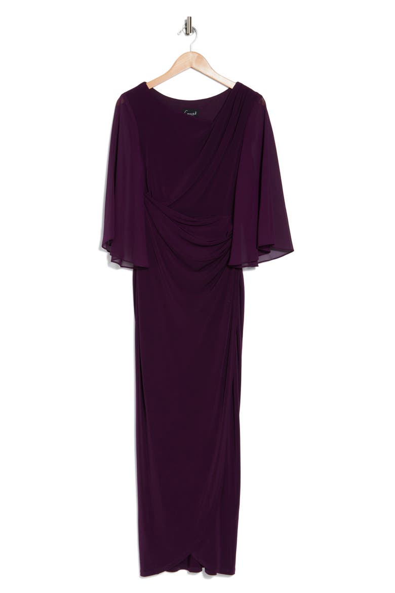 Chiffon Cape Sleeve Side Ruched Gown, Alternate, color, AUBERGINE