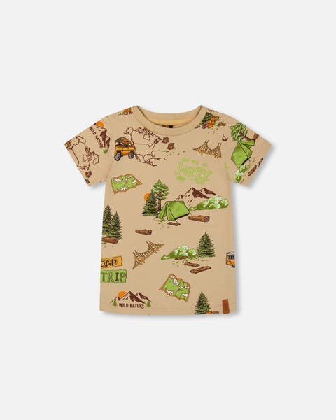 Little Boy's Printed Organic Cotton Tee Camping Beige