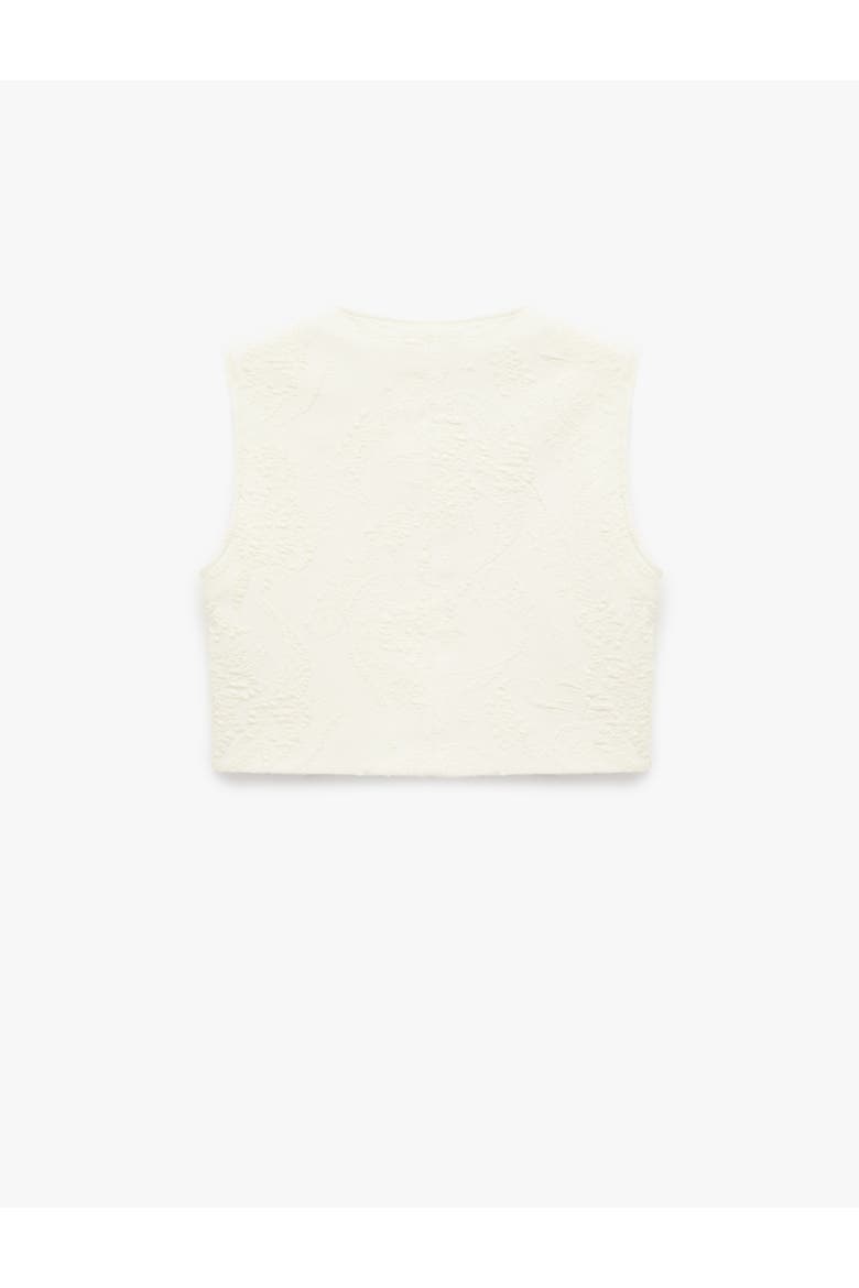 Round Neck Floral Textured Cropped Vest with Jeweled Buttons, Alternate, color, ECRU
