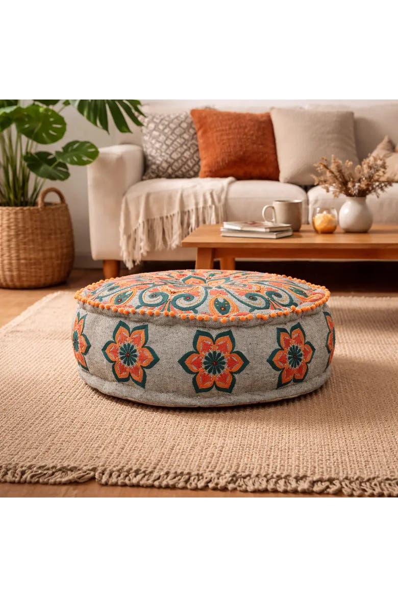 Mandala Pouf with Pompoms, Alternate, color, Grey
