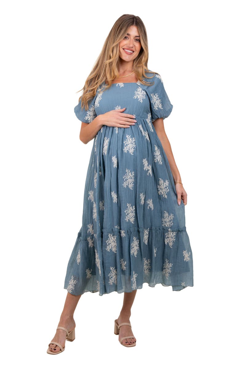 PinkBlush Floral Print Ruffle Hem Midi Dress, Main, color, Blue