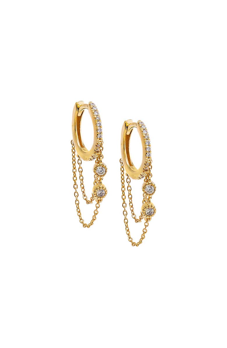 BY ADINA EDEN Double Diamond Solitaire Dangling Chain Huggie Earring 14K, Main, color, 14K Gold