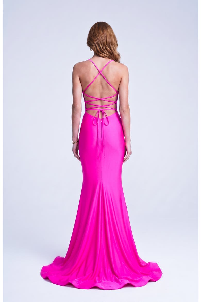 Ruched Plunge Neck Strappy Back Mermaid Evening Gown, Alternate, color, Neon Pink