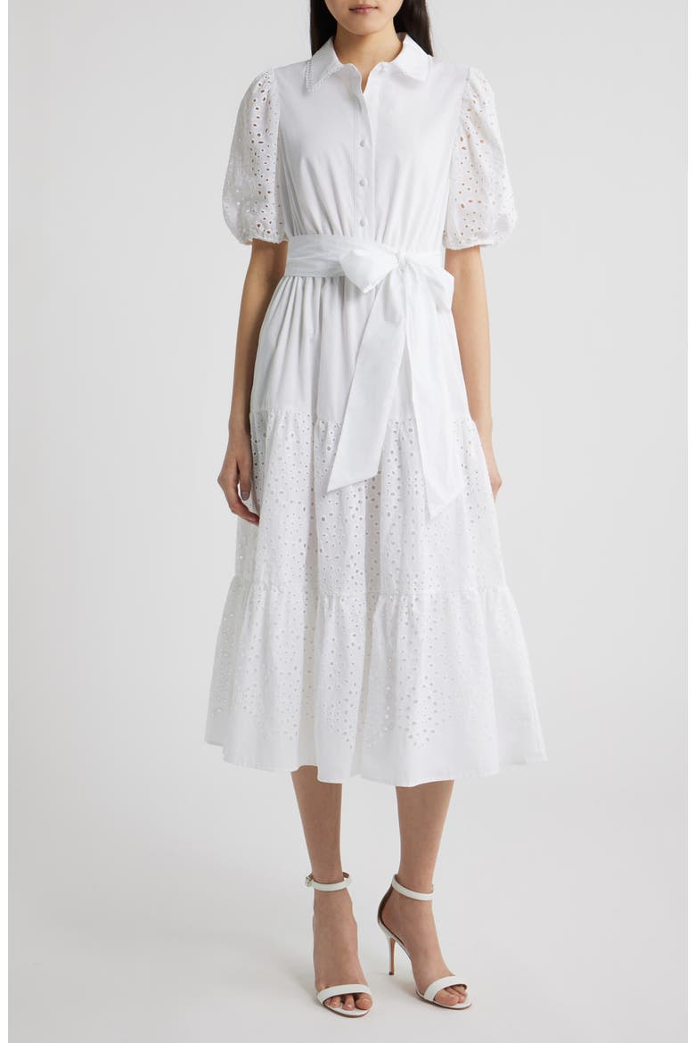 Eyelet Tie Waist Puff Sleeve Midi Dress, Main, color, CRISP WHITE