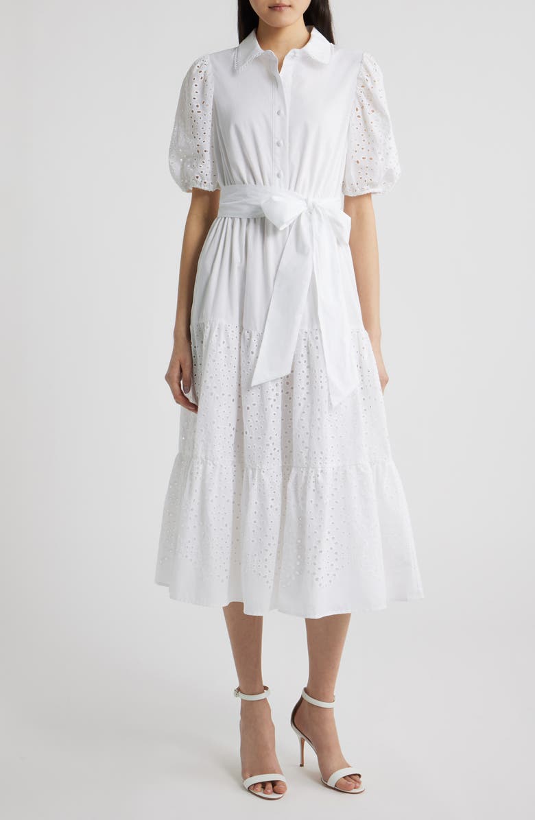 Anne Klein Eyelet Tie Waist Puff Sleeve Midi Dress, Main, color, Crisp White