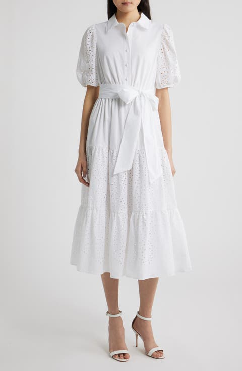 Eyelet Tie Waist Puff Sleeve Midi Dress