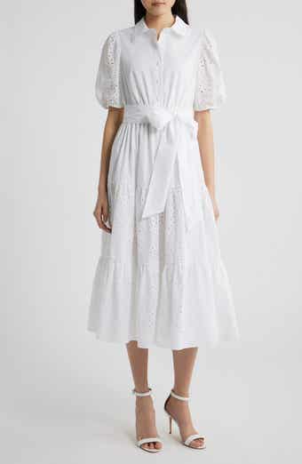 Anne Klein Eyelet Tie Waist Puff Sleeve Midi Dress