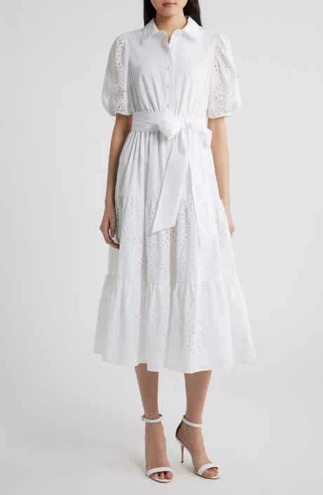 Anne Klein Eyelet Tie Waist Puff Sleeve Midi Dress