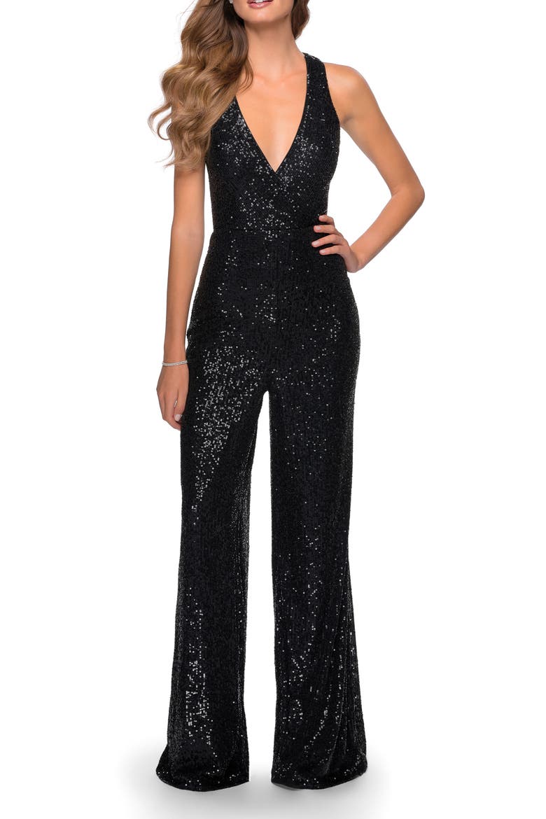 Surplice Sequin Jumpsuit, Alternate, color, BLACK