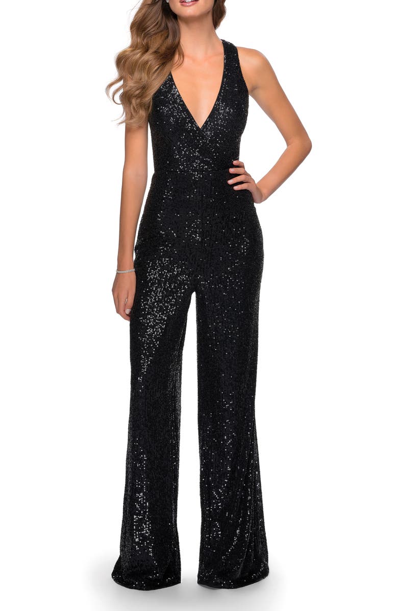 La Femme Surplice Sequin Jumpsuit, Alternate, color, 