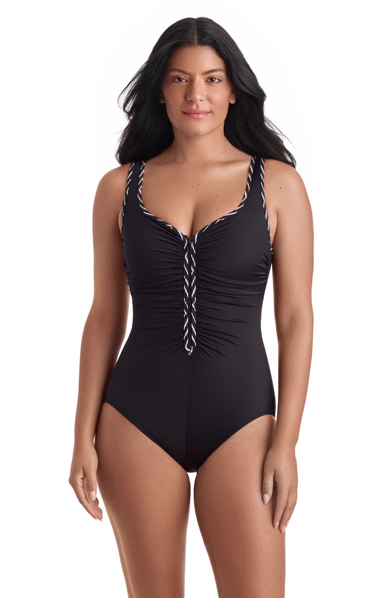 ShapeSolver Sport Shirred Zipper Tank Chlorine Resistant One-Piece Swimsuit, Main, color, In Graphic Details