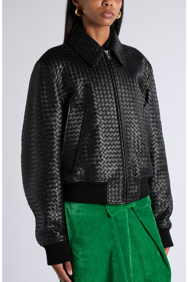 Intrecciato Leather Bomber Jacket, Alternate, color, 1010 DOUBLE BLACK