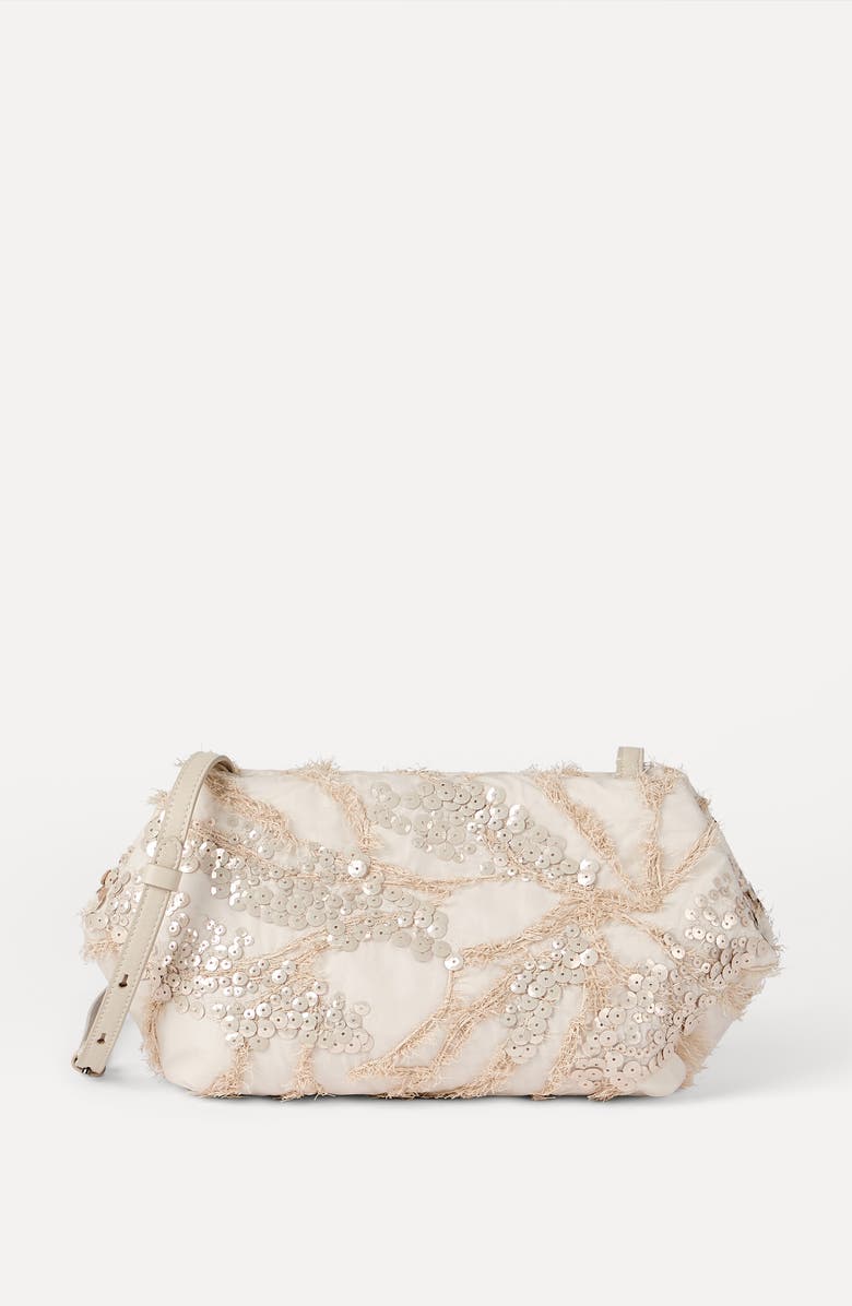Brunello Cucinelli Pouch bag with dazzling seabed embroidery, Alternate, color, Beige