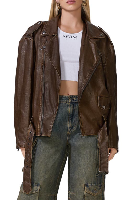 AFRM Blaise Faux Leather Jacket with Removable Faux Fur Collar in Washed Brown Pu W Fur 