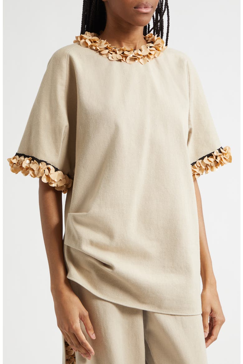 Burro Paillette Trim Cotton Top, Alternate, color, KHAKI