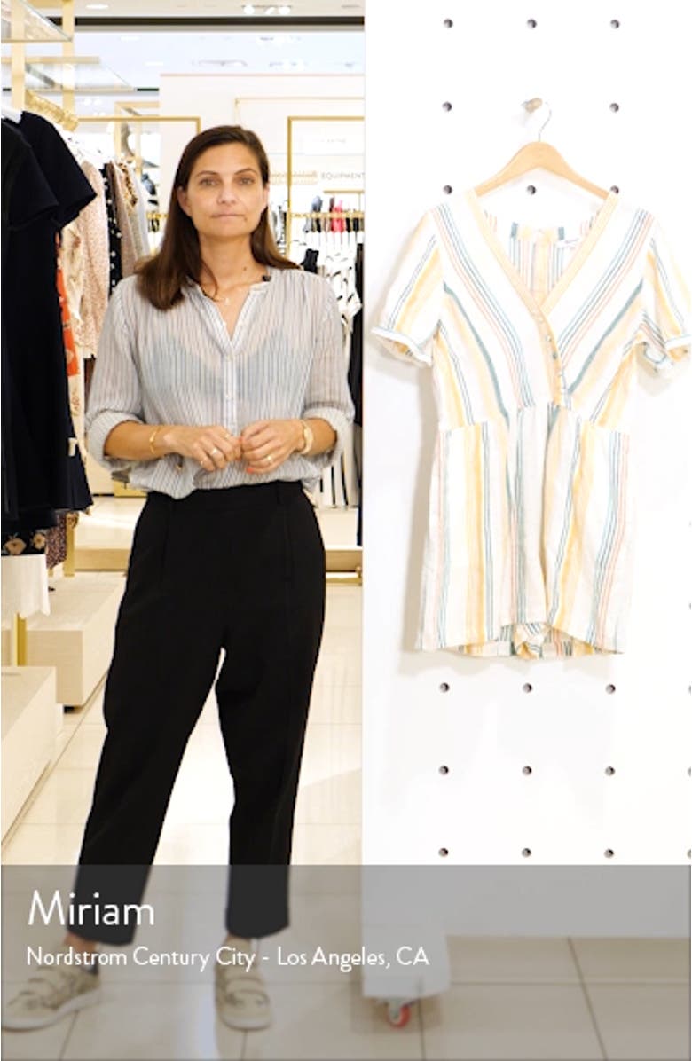 Stripe Linen Button Wrap Romper, sales video thumbnail
