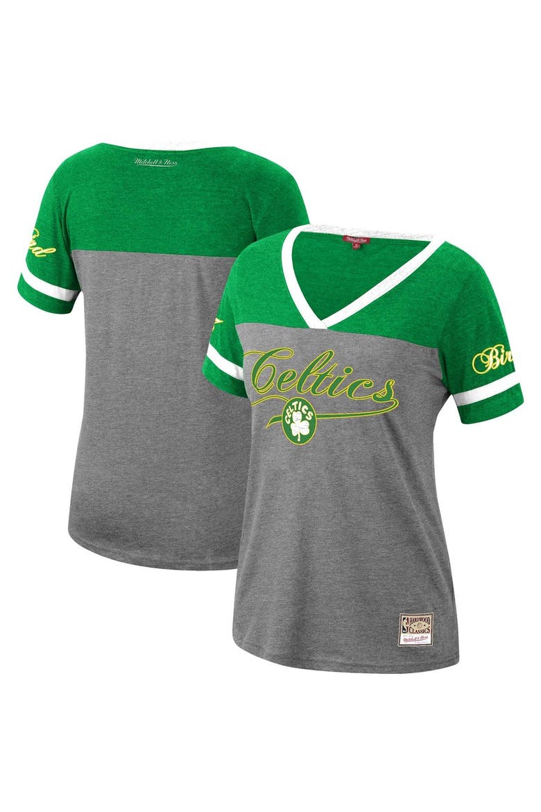 Women's Mitchell & Ness Larry Bird Heathered Charcoal Boston Celtics Team Captain V-Neck T-Shirt, Main, color, Heather Charcoal