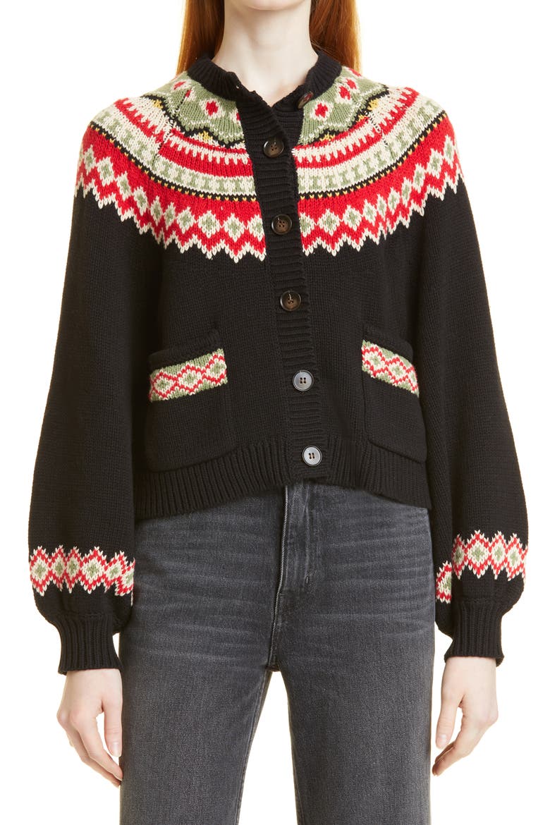 The Great The Holiday Fair Isle Sophomore Cotton Blend Cardigan, Main, color, BLACK W/ HOLIDAY FAIR ISLE