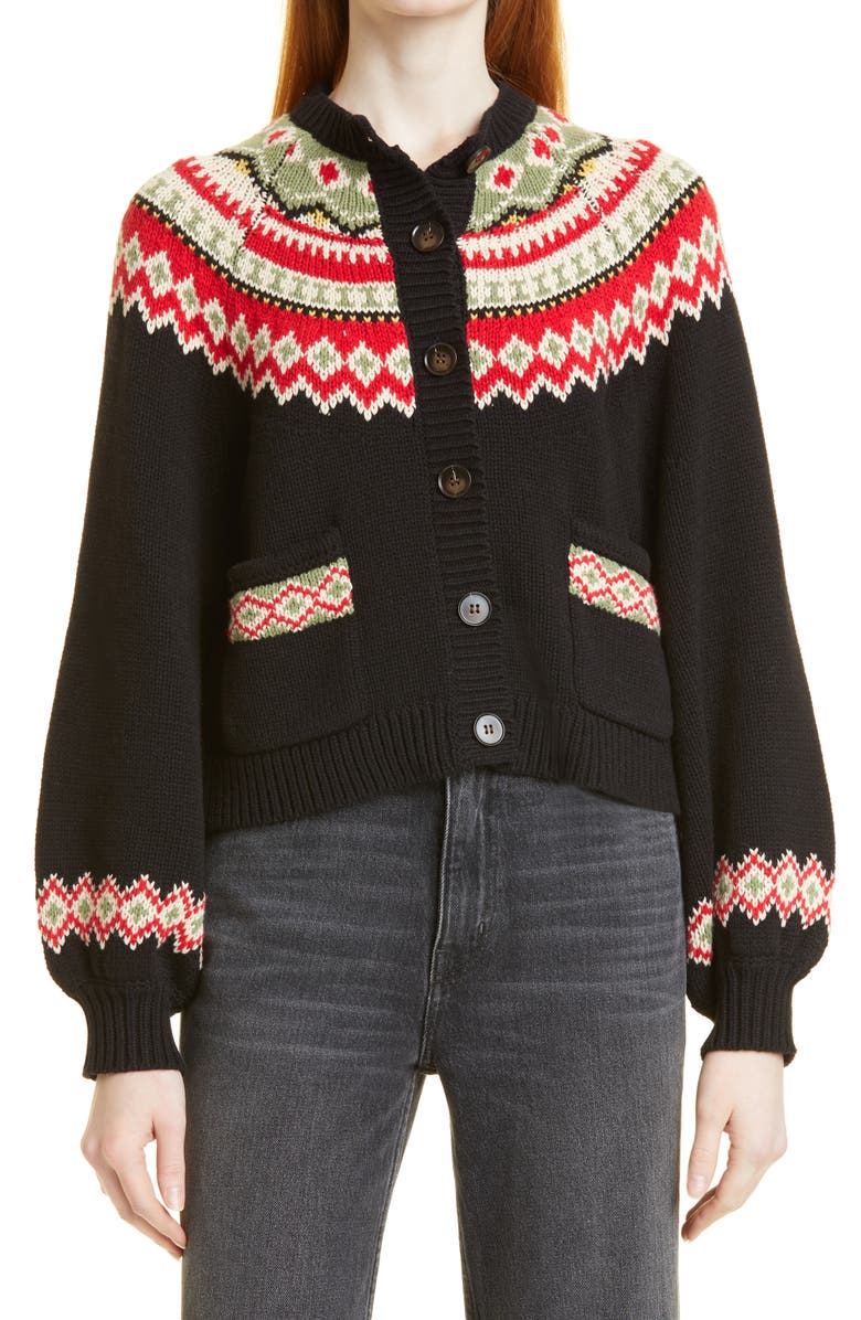 THE GREAT. The Great The Holiday Fair Isle Sophomore Cotton Blend Cardigan, Main, color,