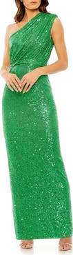 Mac Duggal Sequined Ruched One Shoulder Gown