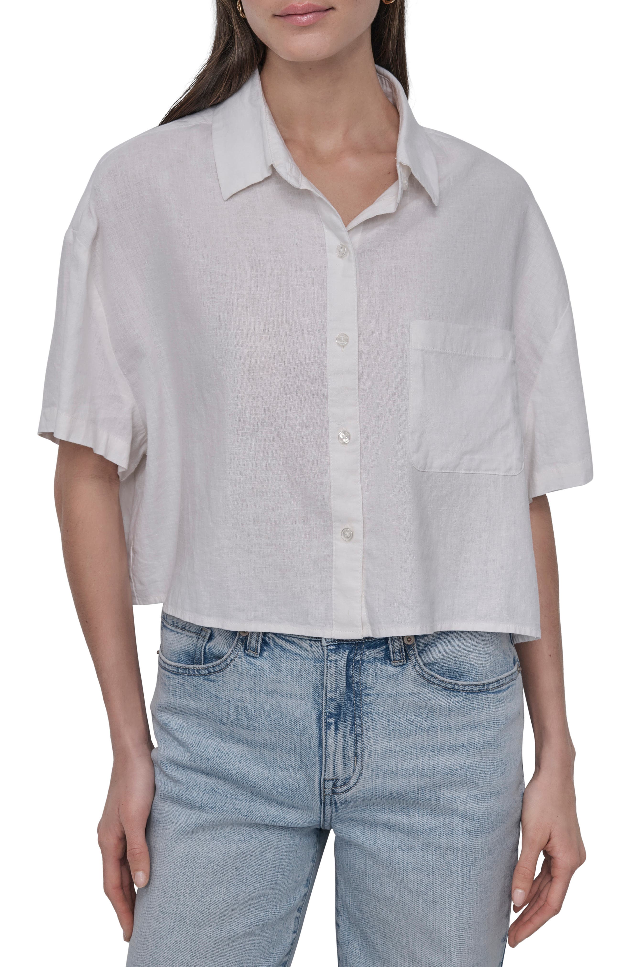 DKNY Jeans Oversize Linen Blend Crop Button-Up Shirt