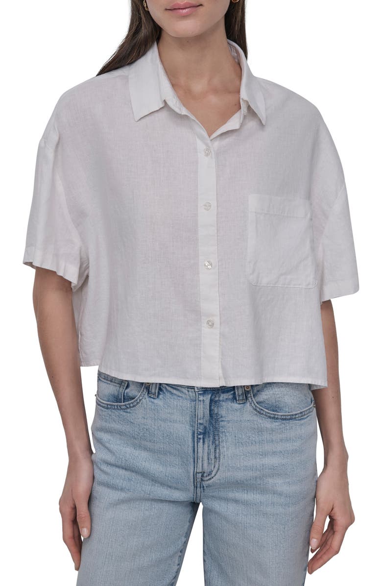 DKNY Jeans Oversize Linen Blend Crop Button-Up Shirt, Main, color, Ivory