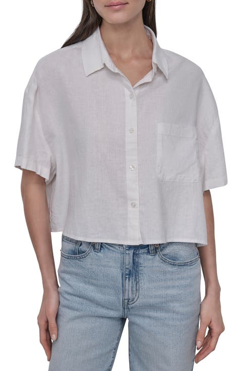 Oversize Linen Blend Crop Button-Up Shirt