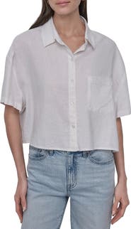 DKNY Jeans Oversize Linen Blend Crop Button-Up Shirt