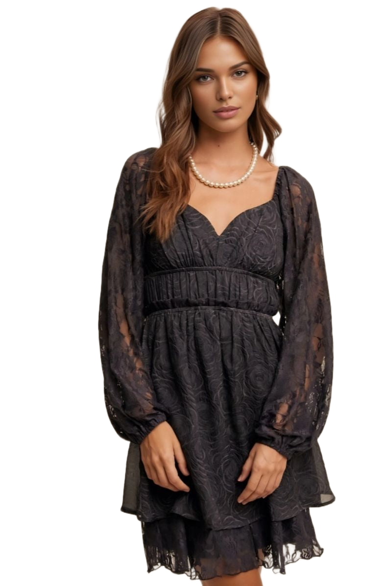 Knit and Lounge Lace Long Sleeve Ruffle Layer Mini Dress, Alternate, color, Black