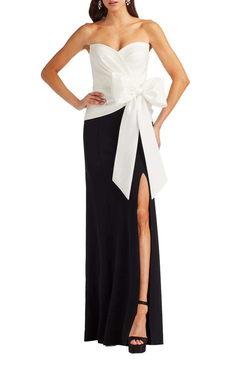Tadashi Shoji Strapless Stretch Crepe Gown, Main, color, White/ Black