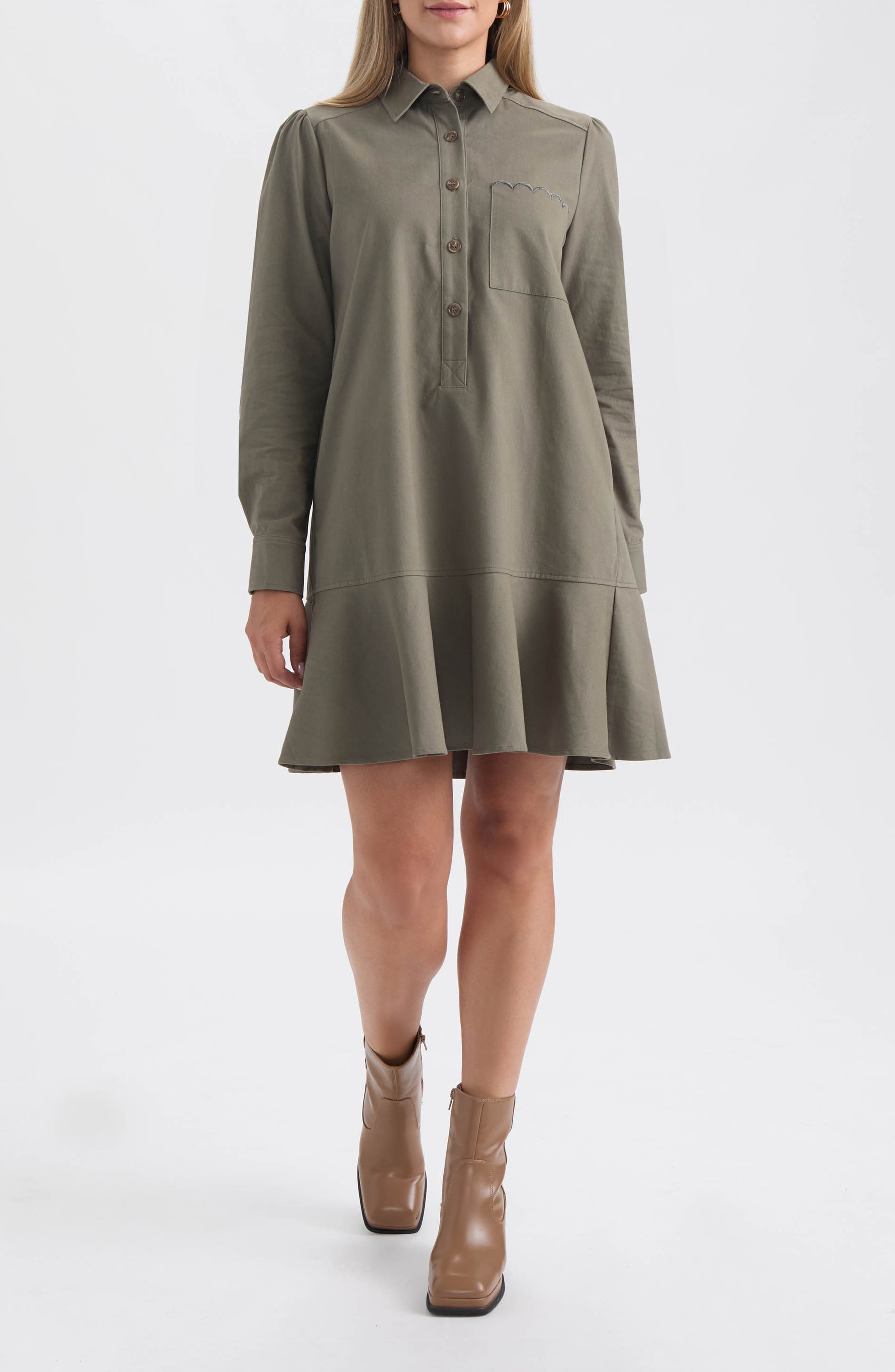 Ellen Tracy Flared Hem Long Sleeve Shirtdress